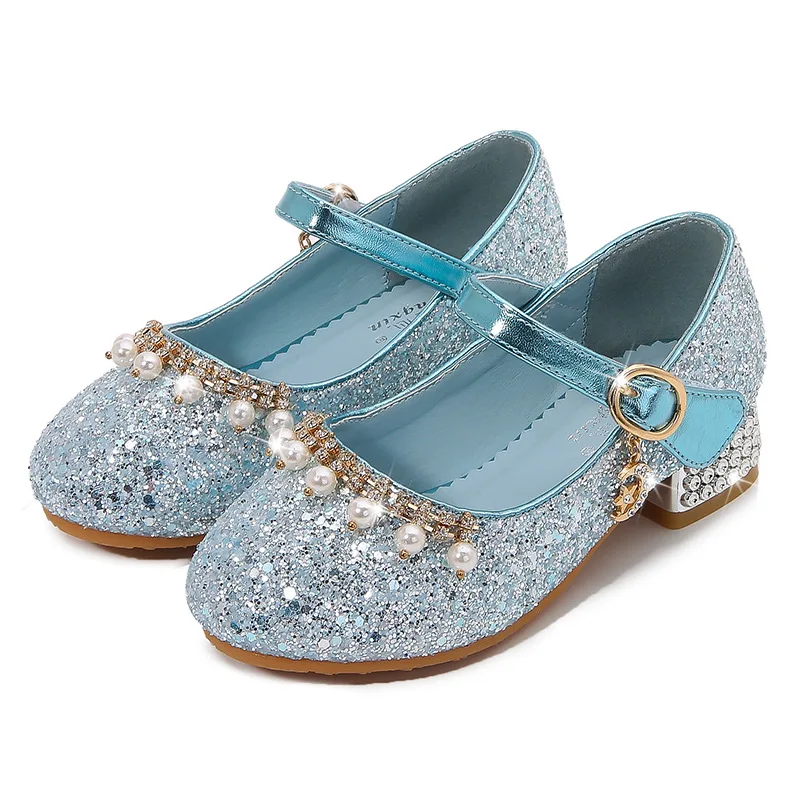 Glitter Girls Shoes Princess Children Mary Janes Kids Leather Shoes High Heels Pearl Beading Rhinestone Sequins Shoes For Party enlarge