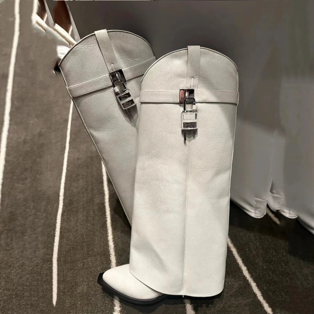 Women's Long Boots Wedge Heel Knee Length Boots Fashion Metal Lock Buckle Printed Totem Square Head High Heels Banquet Pumps