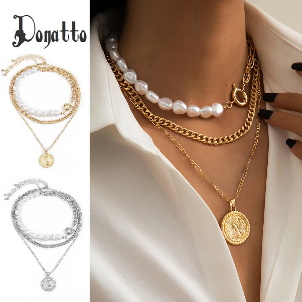 

DONATTO Multilayer Necklace for Women Trendy Imitation Pearls Buckle Pendant Wedding Bridal Bead Chain Neck Accessories Jewelry
