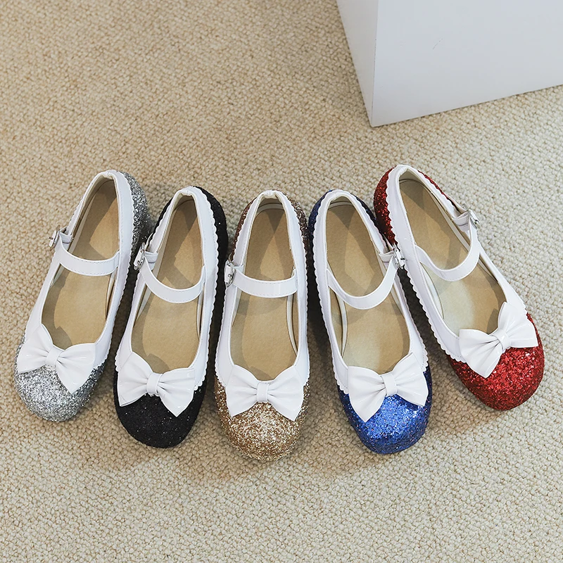 Girl Mary Jane Dress Glitter Shoes Bowknot Princess Cosplay Platform Chunky Heel for Wedding Party Women Dance Pumps Plus Size