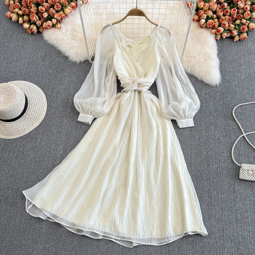

French Super Fairy Retro Temperament High Waist V-neck Bubble Sleeve Chiffon Dress High Sense Fairy Big Swing Long Dress