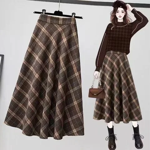 Spring Autumn Plaid Half Skirt Women's Retro Plus Size Midi A- Line Wide Hem High Waist Slimming Long Trendy
