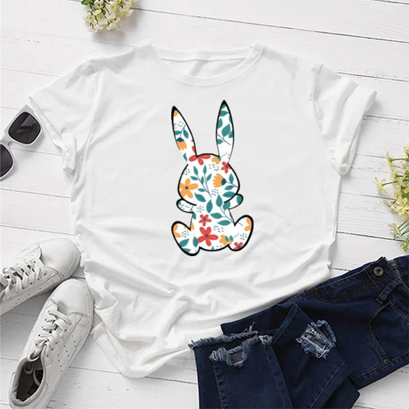 

Floral Bunny Shirt Floral Easter Bunny Shirt Happy Easter Tee Cute Graphic Cotton Korean O Neck Casual Short Sleeve woman tshirt