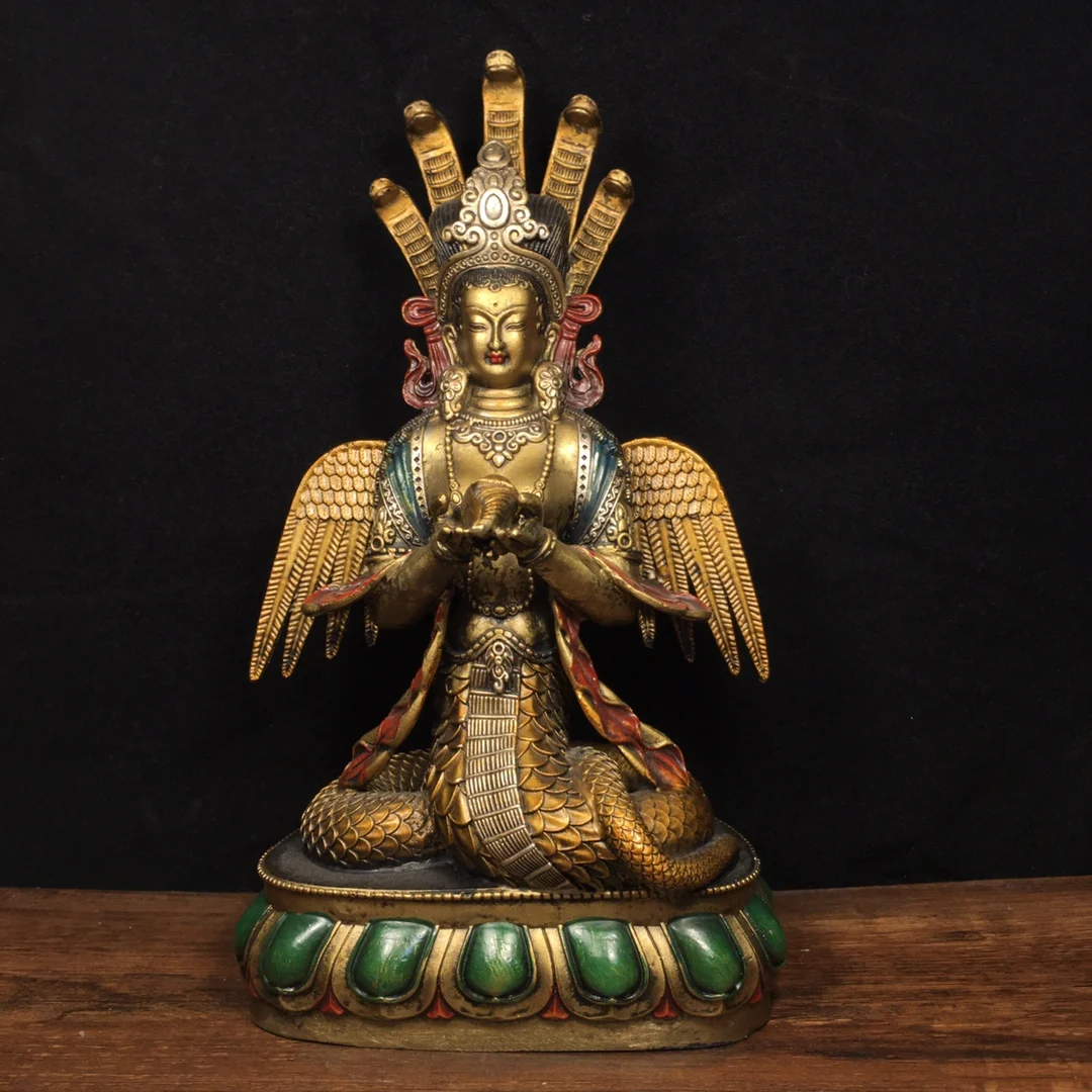 

Коллекция тибетских храмов 10 дюймов, старая бронзовая окрашенная змея нагарджуна, мама нува, Импресса, сидячий буддийский городской дом, Экзорцизм