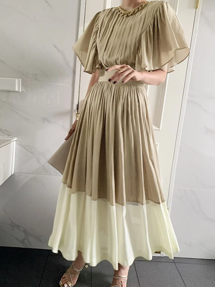 

Korean Chic Elegant Temperament Round Neck Pleated Design Thin Waist Flying Sleeves Female Dresses 2022 Summer New B533