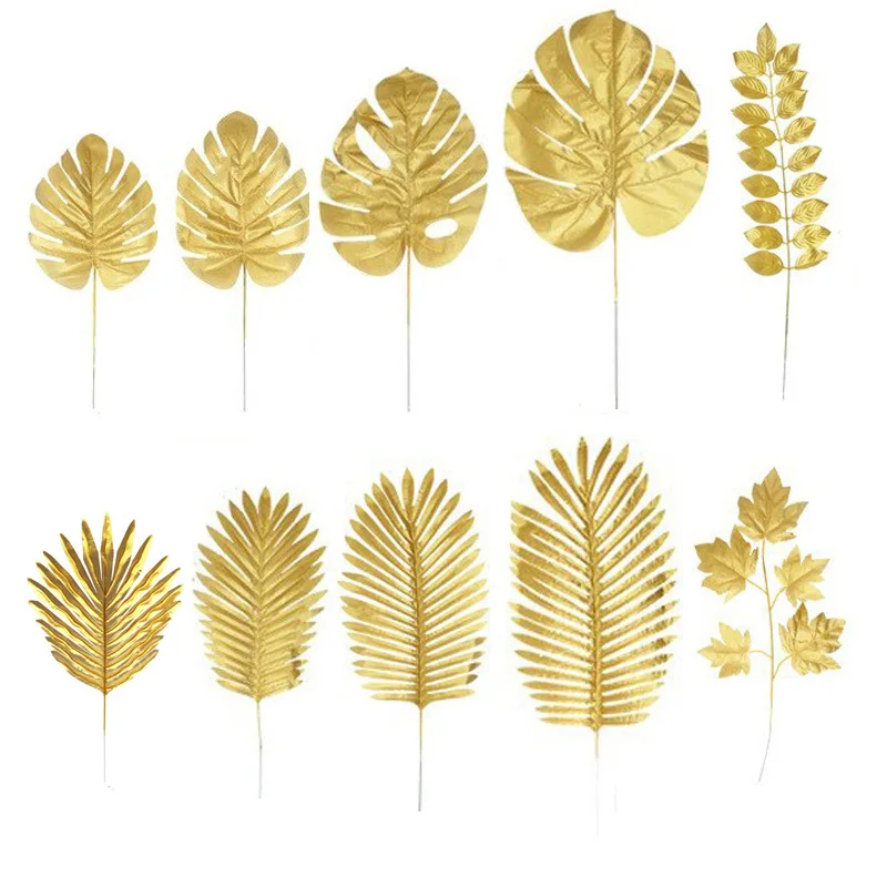 Купи 5pcs Gold Artificial Monstera Tropical Fake Plants Photography Background DIY Wedding Birthday Party Supplies Home Garden за 119 рублей в магазине AliExpress