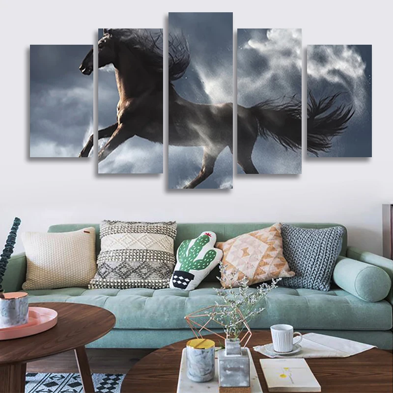 

5 Pieces Black and White Horse Running Picture Animal Posters and Prints Canvas Painting Wall Art Picture for Living Room Home D