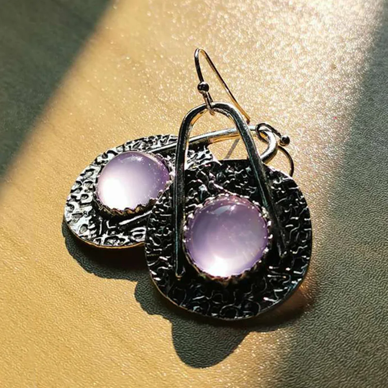 

Tribal Round Purple Stone Hook Earrings Women Ethnic Jewelry Antique Carved Metal Dangle Earrings Vintage Pendientes Mujer