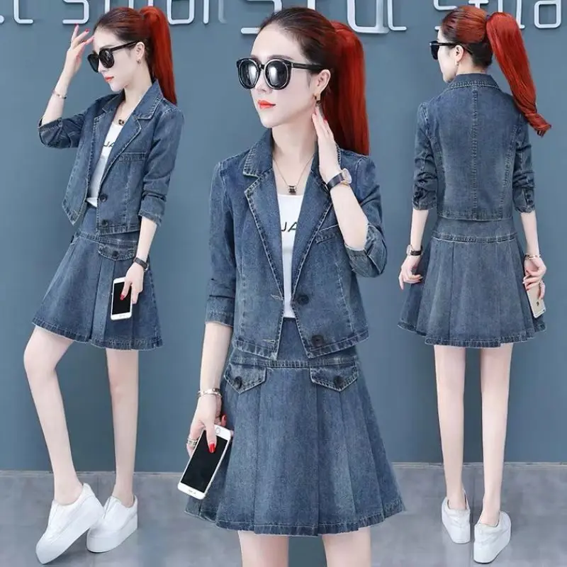 

New Women Autumn Retro Solid Denim Set Long Sleeve Single Breasted Cowboy Coat + High Waist Skirt Jeans Two Piece Set J224