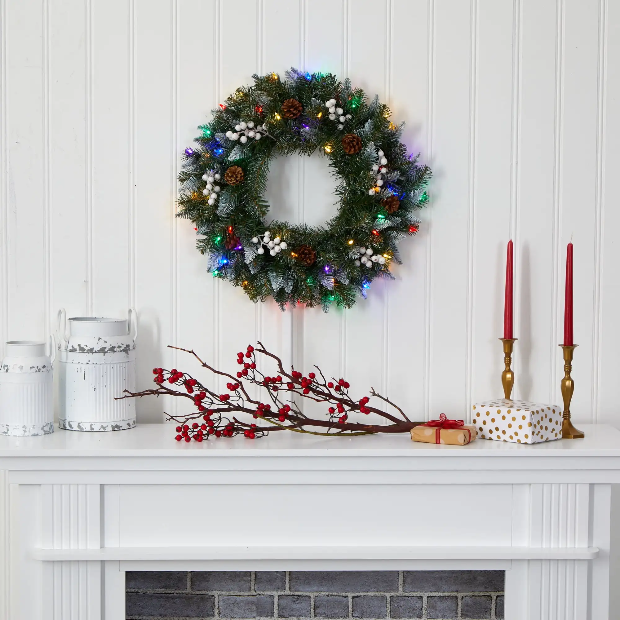 

Nearly Natural 24" Prelit LED Snow Tipped Artificial Christmas Wreath with White Berries and Pine Cones