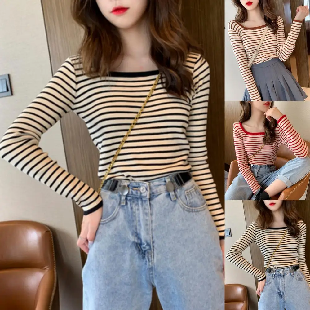 

Бело-желтые полосатые футболки с длинным рукавом Тонкий черный пуловер с квадратным вырезом Топ Повседневный базовый трикотажный женский ...