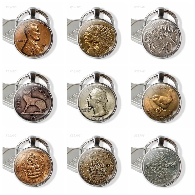 

Coin Image Key Chain Lincoln Indian Head Dress Glass Vintage Literary Pendent Coin Jewelry Car Key Chain
