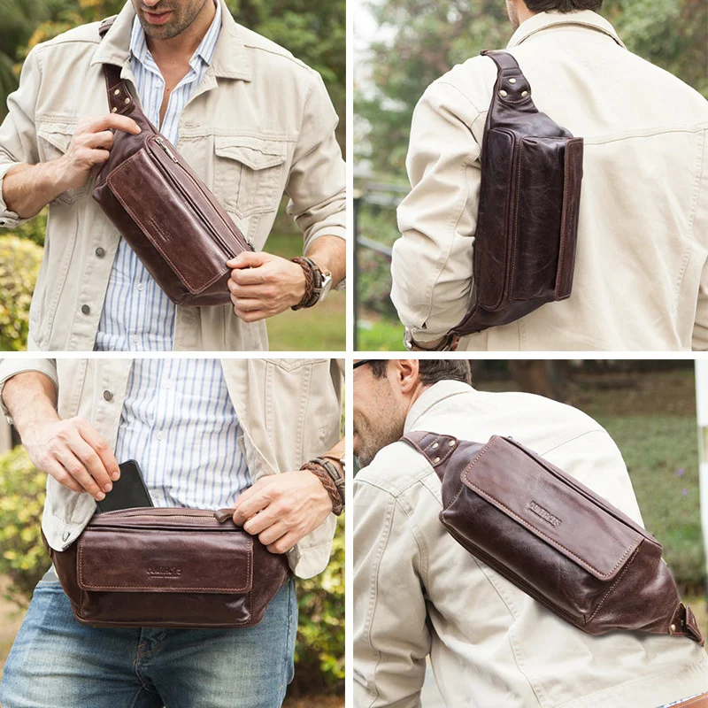 Oyixinger Men's Waist Bag New Genuine Leather Coffee Bag Fashion Cowhide Men Chest Pouch Small Outdoor Bags Phone Bag Male 2023
