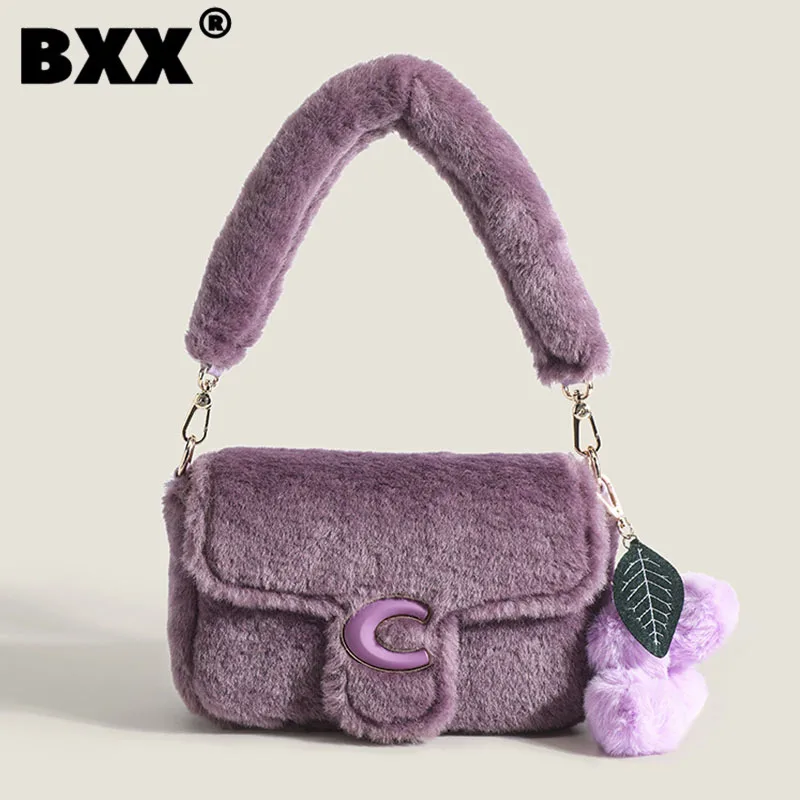 

[BXX] Grape Purple Furry Single Shoulder Handbag Fur Elegant Candy Style Trendy Casual Exquisite Crossbody Bag 2023 New 8CY417