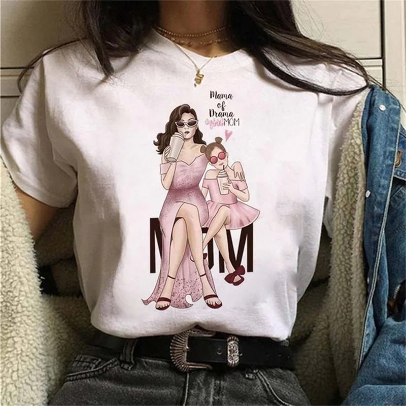 

Women T Shirt Cartoon Mom Daughter Print Lady T-shirts Short Sleeve Tops Kawaii Graphic Female Tshirt Clothing Mother's Day Gift