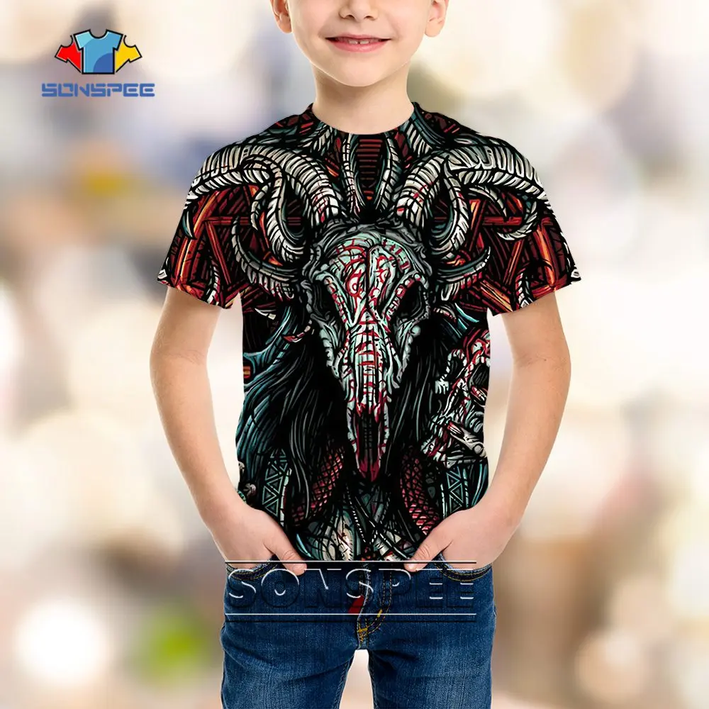 

Детская футболка SONSPEE с принтом демона, Модный повседневный топ с коротким рукавом, с надписью «Страшная область бездны», для мальчиков и де...