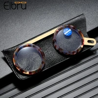 elbru 2022 new hand held reading glasses with leather case round frame glasses anti blue light eye protection classic black250