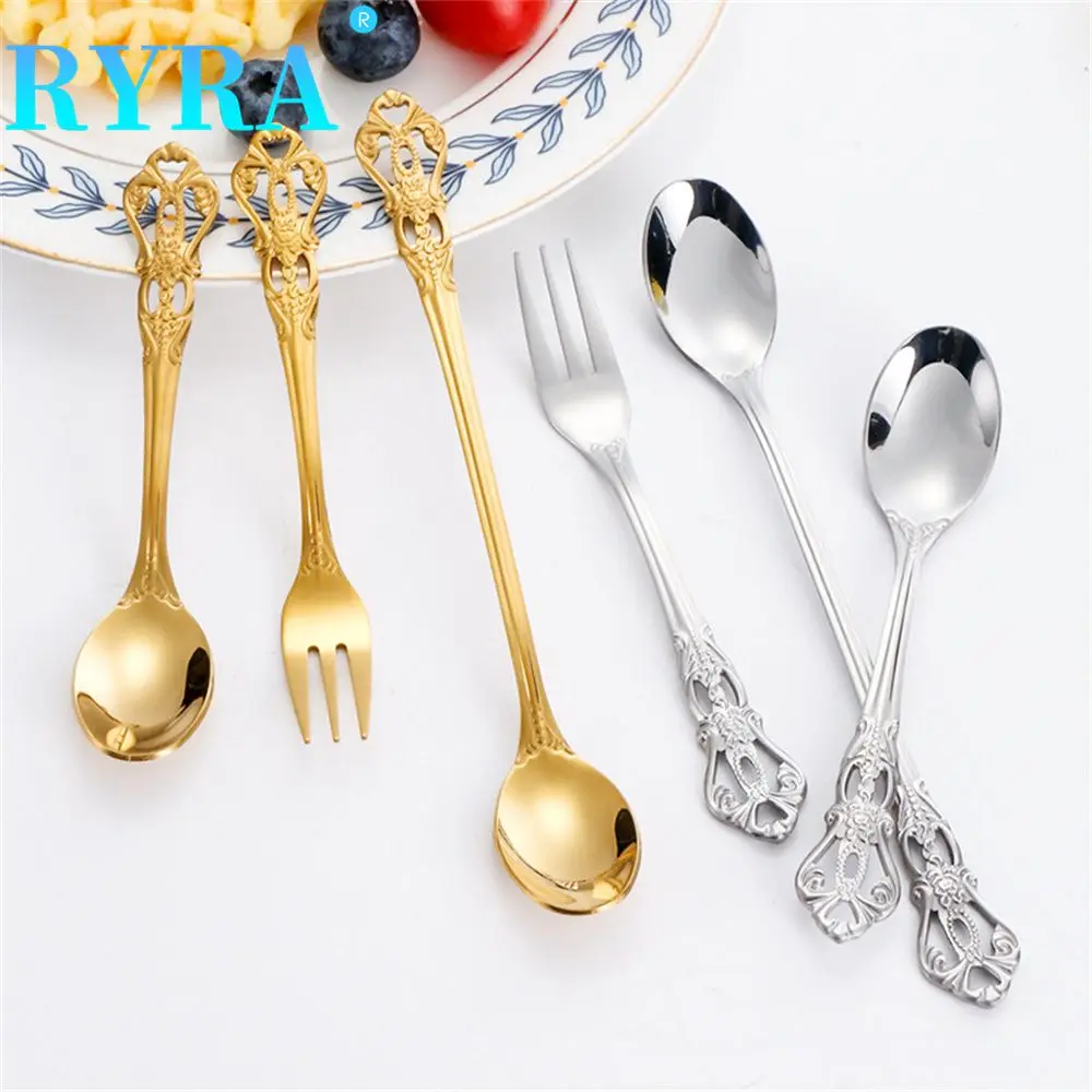 

Small Snack Scoop Dinnerware European-style Carved Teaspoon Stainless Steel Long Handle Dessert Teaspoons Kitchen Accessories
