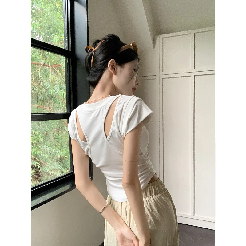 

Tshirts Solid Irregular Backless Summer O-Neck Y2k Camisetas Sexy Slim Waist Streetwear White Tops Women Tees Korean Chic