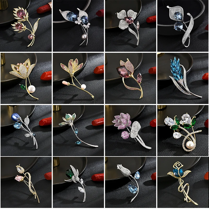 

Delicate Cubic Zircon Flower Brooches Shiny Crystal Corsage Elegant Temperament Tulip Calla lily Pin for Family Gift Accessories