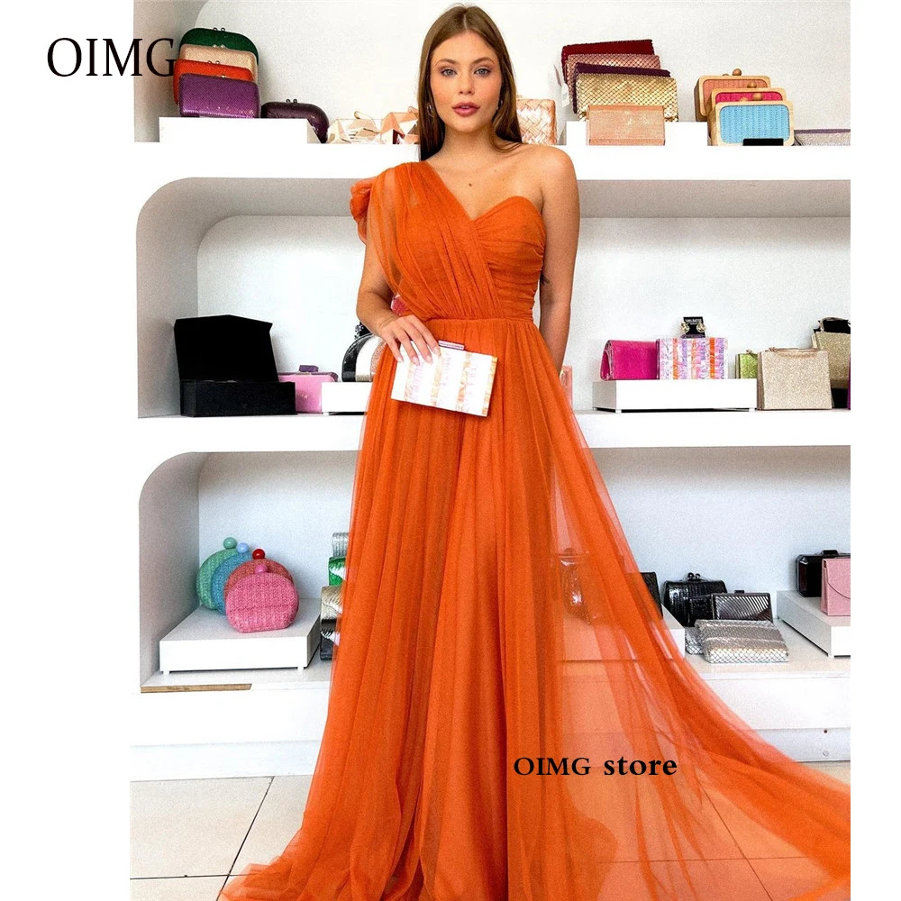 Купи OIMG A Line Burnt Orange Tulle Long Prom Evening Dresses One Shoulder Bowknot Floor Length Women Wedding Party Dress Formal Gown за 4,838 рублей в магазине AliExpress