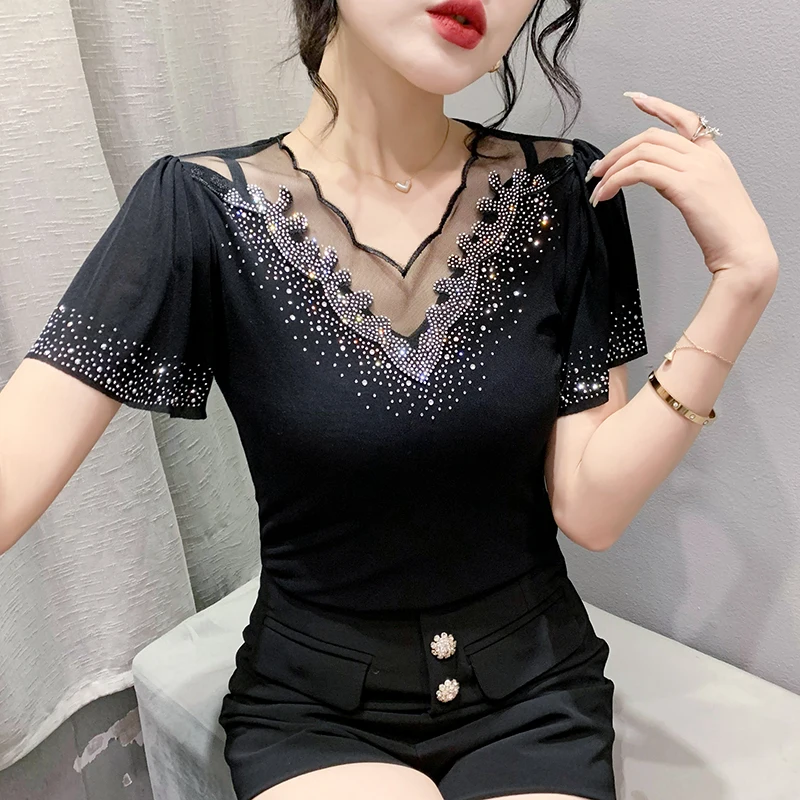 

Женский сетчатый топ с коротким рукавом, облегающая футболка с оборками и круглым вырезом, в стиле пэчворк