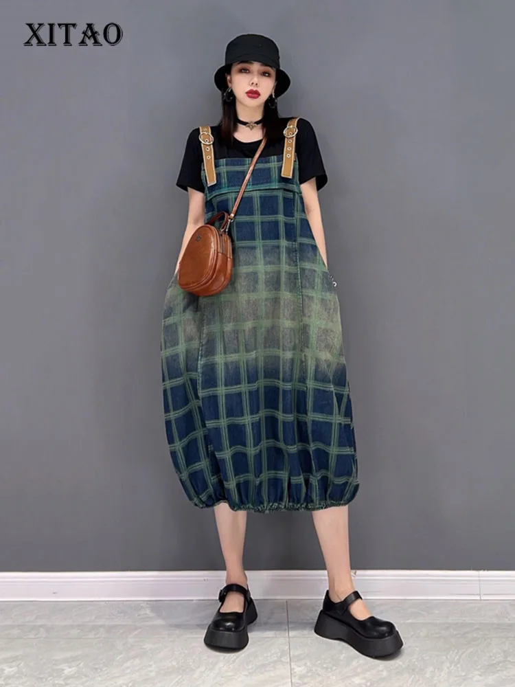 

XITAO Plaid Women Dress Fashion Backless Sleeveless Women Pullover Patchwork Casual Minority Pocket Elegant Dress WLD6787