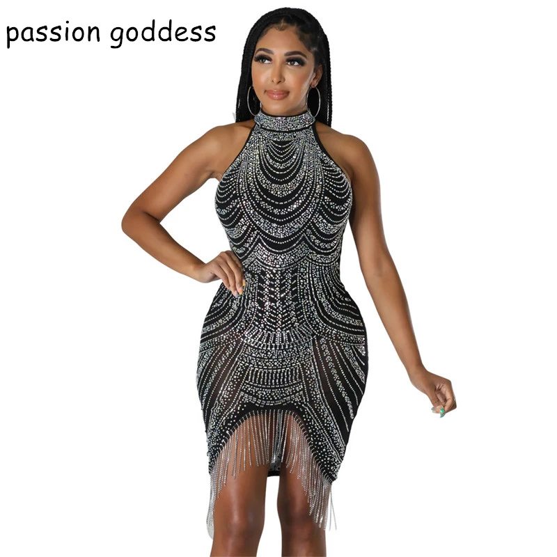 

Модное женское облегающее Сетчатое платье без рукавов с высоким воротником и кисточками, летнее сексуальное женское платье, Черное вечернее клубное мини-платье на бретелях