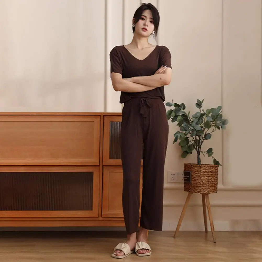 

2 Pcs/Set Women Pajamas Set V Neck Ice Silk Short Sleeves Solid Color Sleeping Soft Casual Lady Sleepwear Set Female Clothes