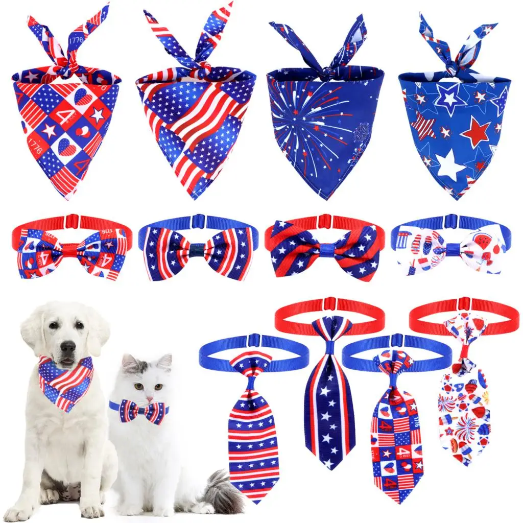 

12 Pcs American Independence Days Dog Cat Bowties Collars 4th of July Holiday Puppy Small Dog Bow Tie Pet Grooming Supplies