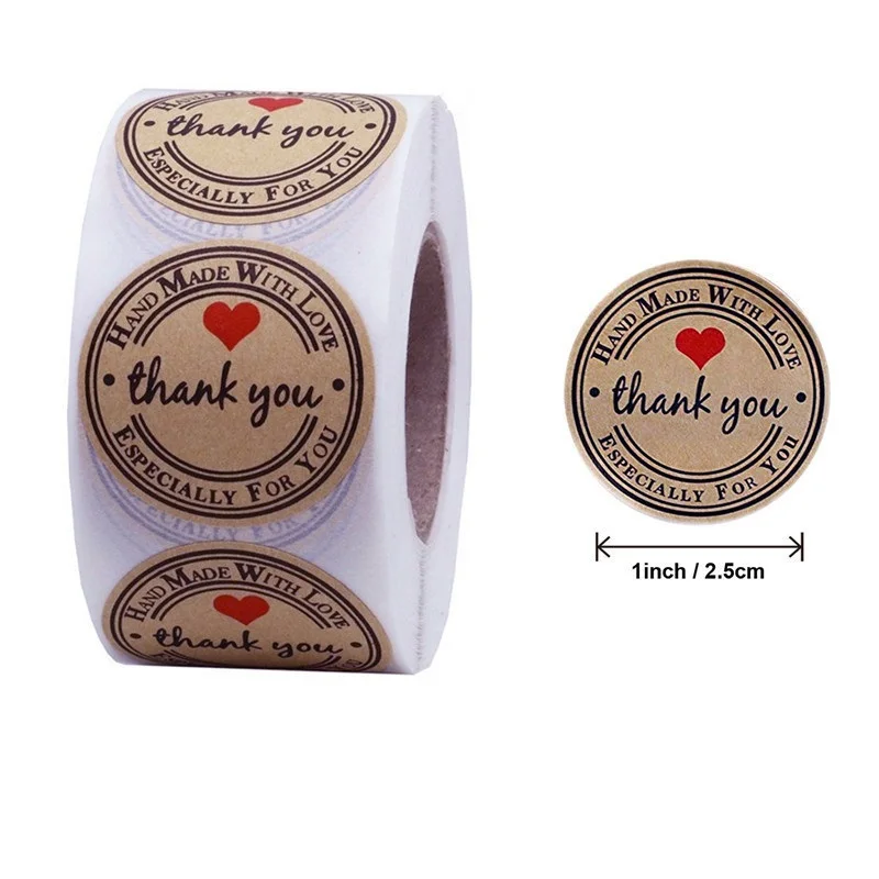 

500pcs Kraft Paper Thank You Stickers With Red Heart Handmade Labels Sticker for Business Envelope Sealing Stationery