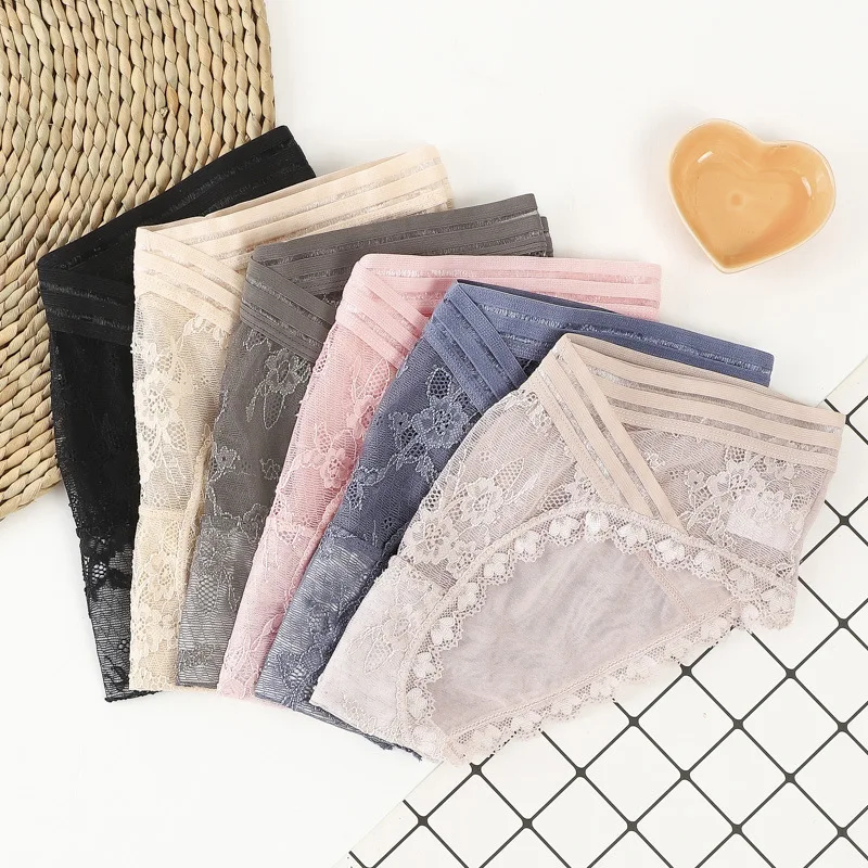 Womens Lace Briefs Women Low-waist Breathable Seamless Sexy Hollow Transparent Mesh Cotton Crotch Underwear