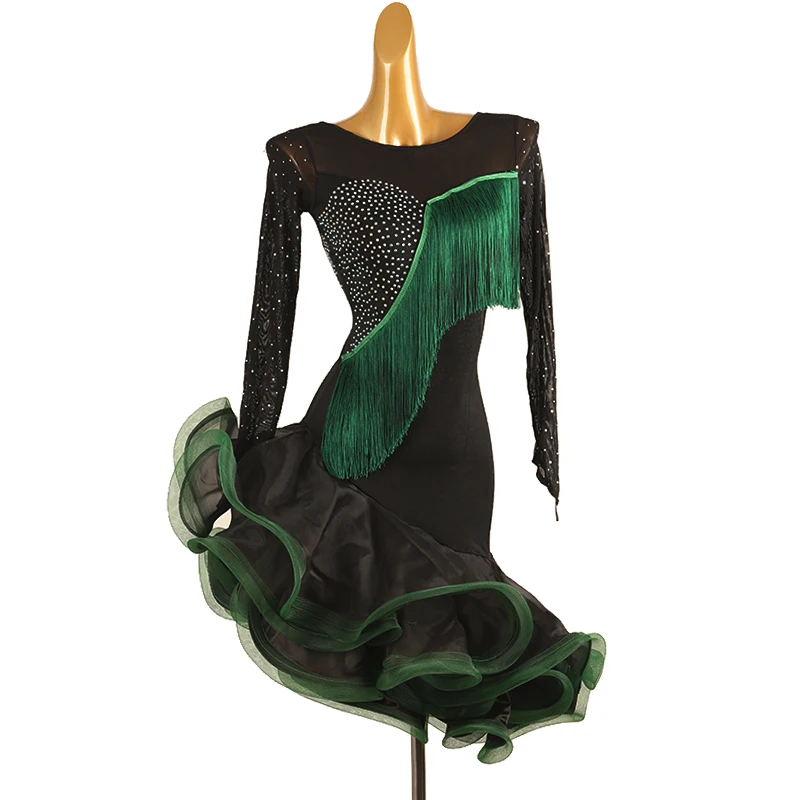 Женское платье для латиноамериканских танцев роскошное с длинными рукавами и