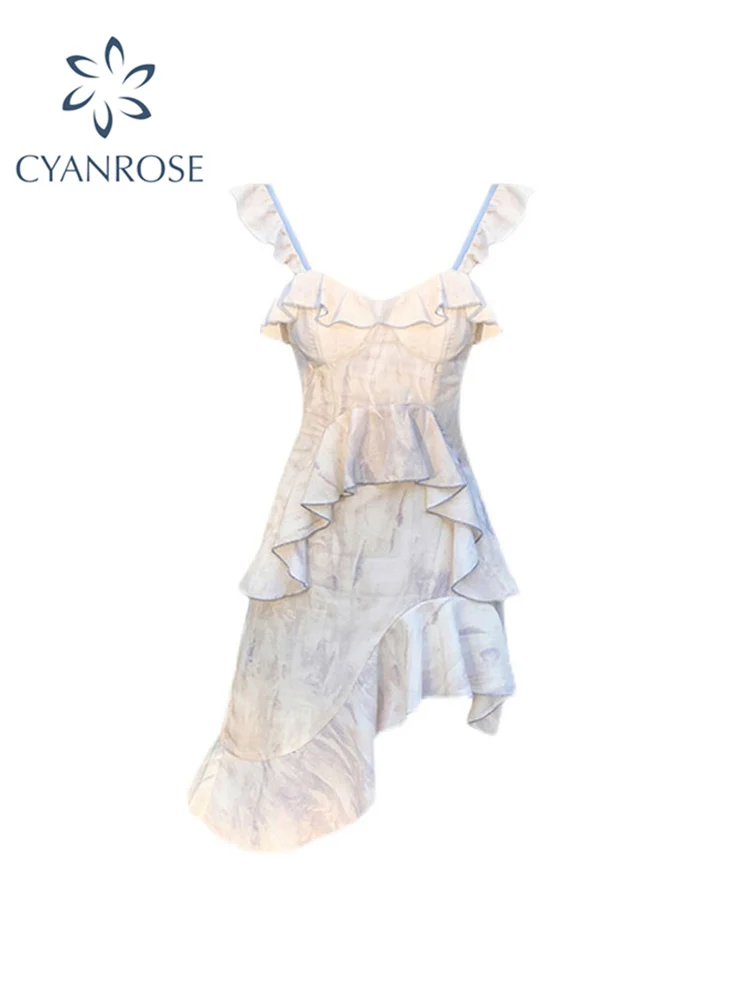 

Women's Mini Dresses Summer 2022 Sexy French Style Chic Tie-Dyed Print Suspender Dress Ladies Vintage A Line Irregular Sundress