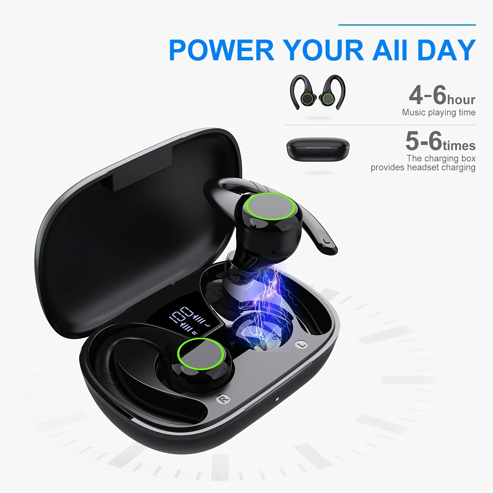 

BT Headphones Wireless With Built-in Mic Earpiece V5.2 Earbuds Charging Case Digital LED Display Over-Ear