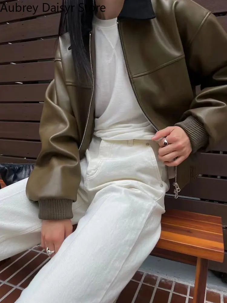 Korean Fashion Elegant Leather Jacket Women Vintage Streetwear Thin Moto Biker Zipper Jacket Winter Chic Y2k Cropped Pu Coats