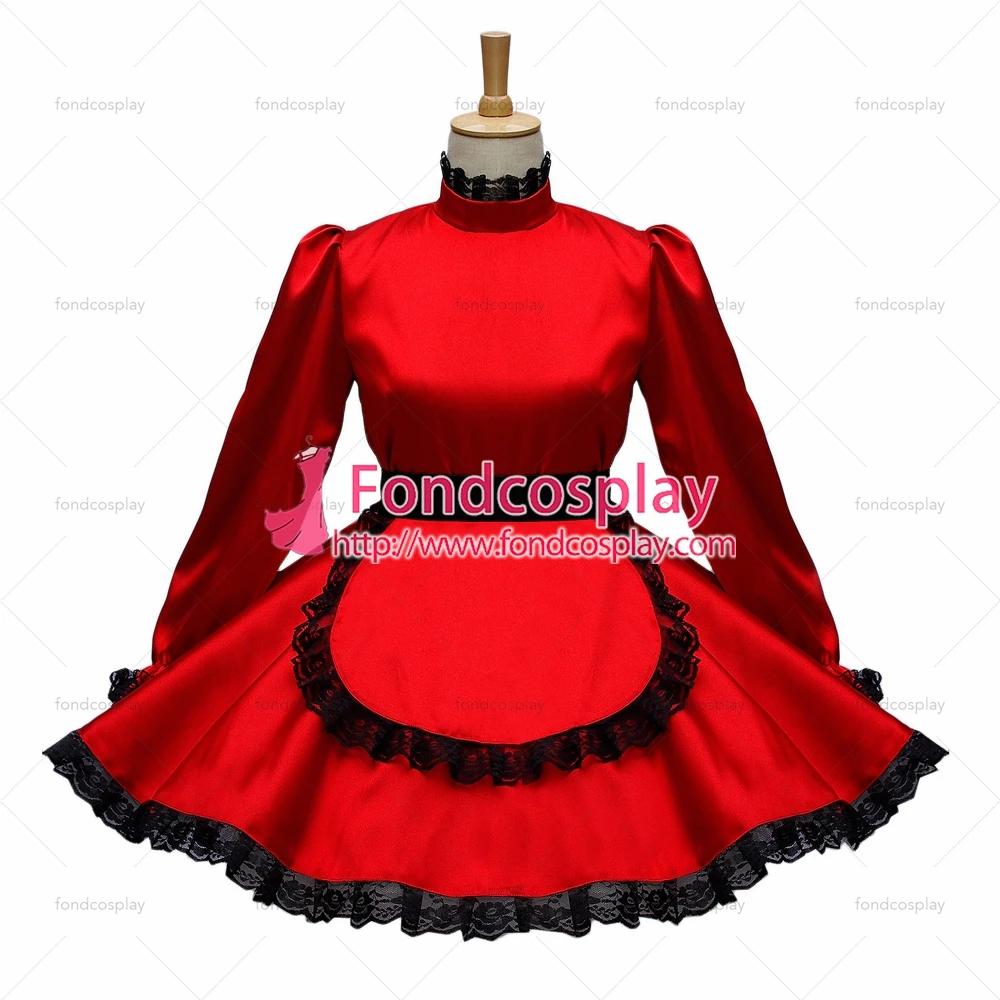 

adult sexy cross dressing sissy maid short Red Satin Dress Lockable Uniform apron Costume Custom-made[G593]