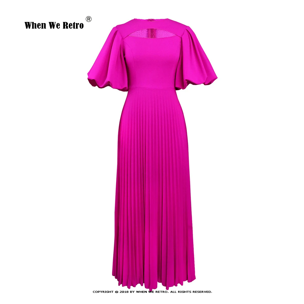 Rose Red Pleated Dress Hollow Out Design Lantern Sleeve Elegant Party Dress For Women 2023 New Casual Loose Evening Robe VP0190