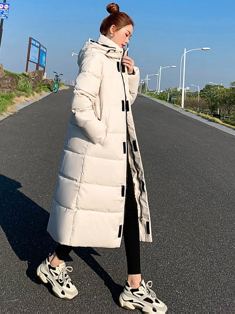 Parka Coat Extra Long Winter Jacket Women Hooded Pocket Zipper Female Lady Windbreaker Coat Casual Outwear Clothes