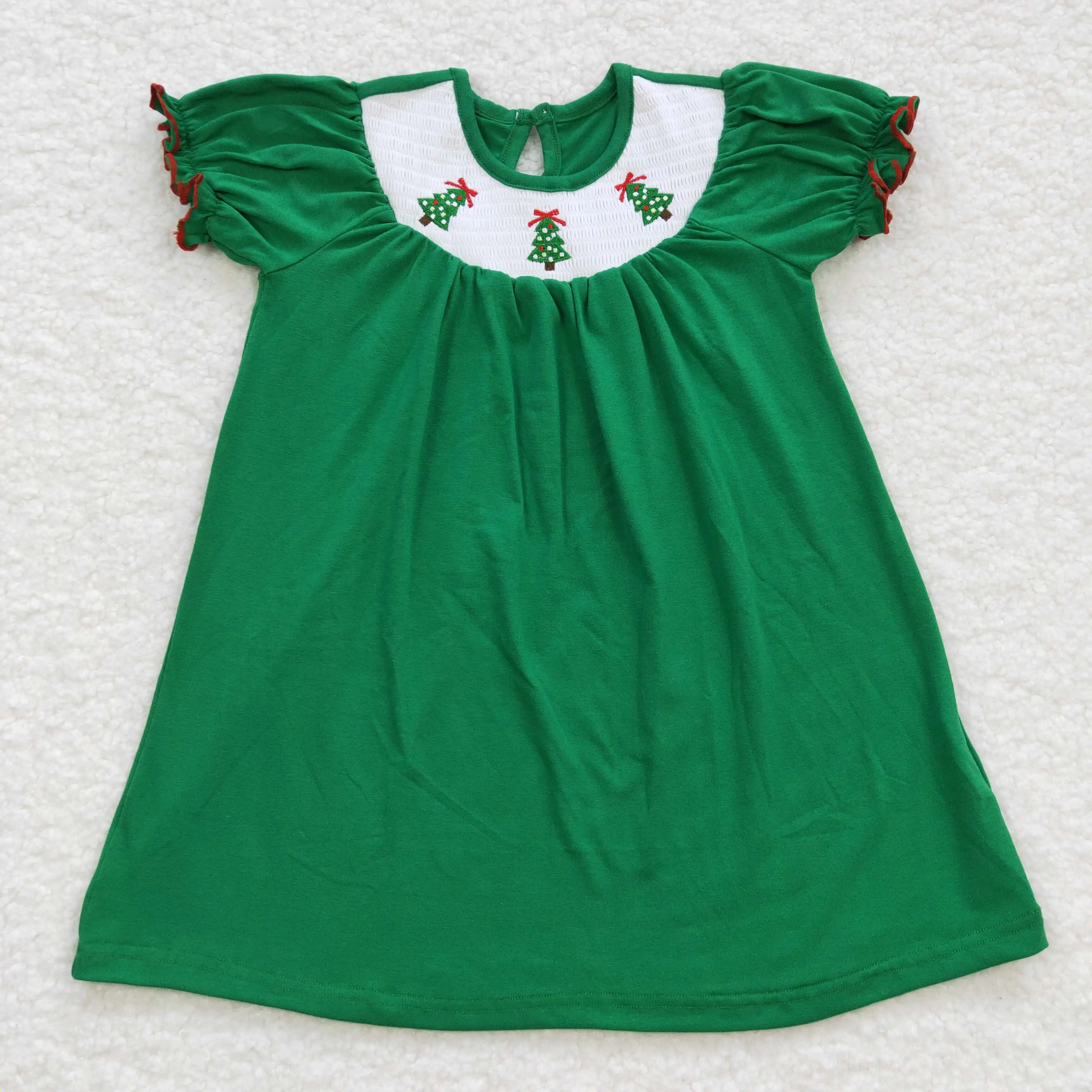 

Christmas Tree Solid Green Girl Dress Smocked Short Sleeve for Kids girls Summer Children's Clothing Wholesale
