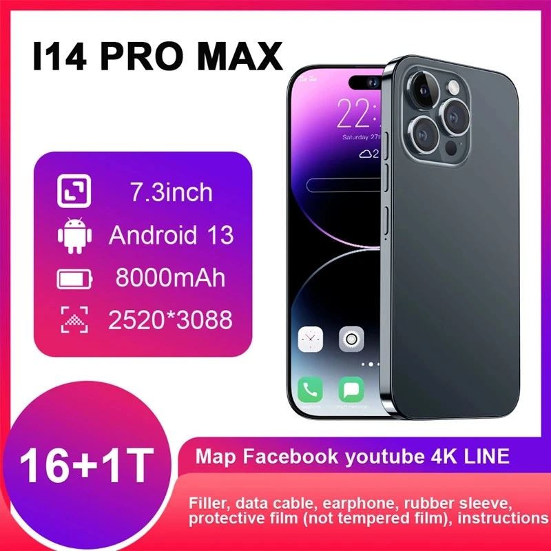 

Смартфон глобальная версия i14 Pro Max, 7,3 дюйма, 2023 дюйма, Face ID, 16 ГБ + 1 ТБ, сотовые телефоны 50 + 8000 МП, мАч