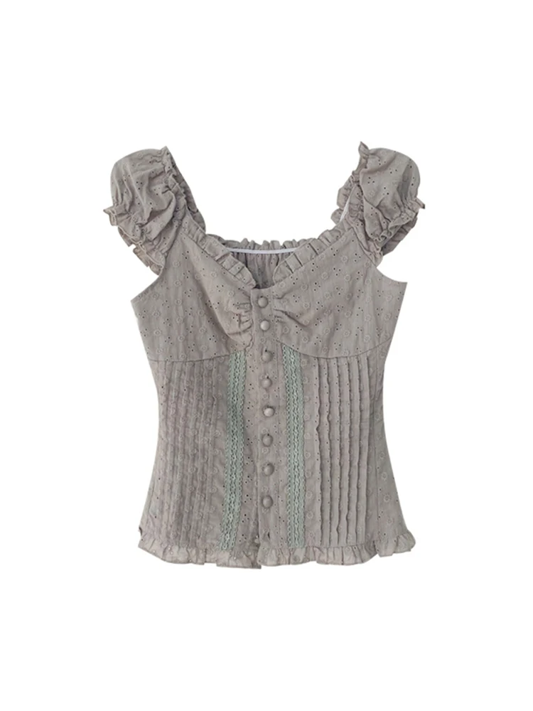 

Fashion Summer Hollow Out Solid Color Women Soft Shirt V-Neck Patchwork Sleeveless Blouses Female Single Breasted Streetwear