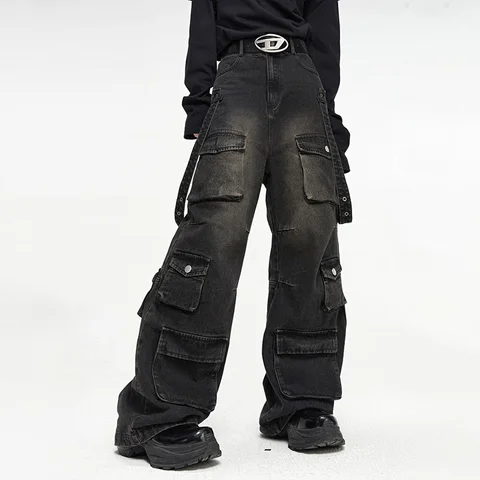 Мужские джинсы PFNW с широкими штанинами, свободные прямые джинсовые брюки в американском стиле, с множеством карманов, в стиле хип-хоп, красивые штаны, 12Z1496, на лето