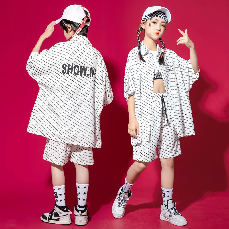 

Летняя одежда для девочек в стиле K-POP, хип-хоп, Детская полосатая рубашка с коротким рукавом, Женский Белый танцевальный костюм, 6, 8, 10, 12, 14, 16Y