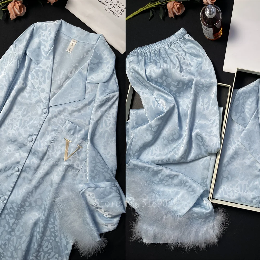 Женская пикантная Пижама с вышивкой рубашка и брюки роскошная перьями свободный