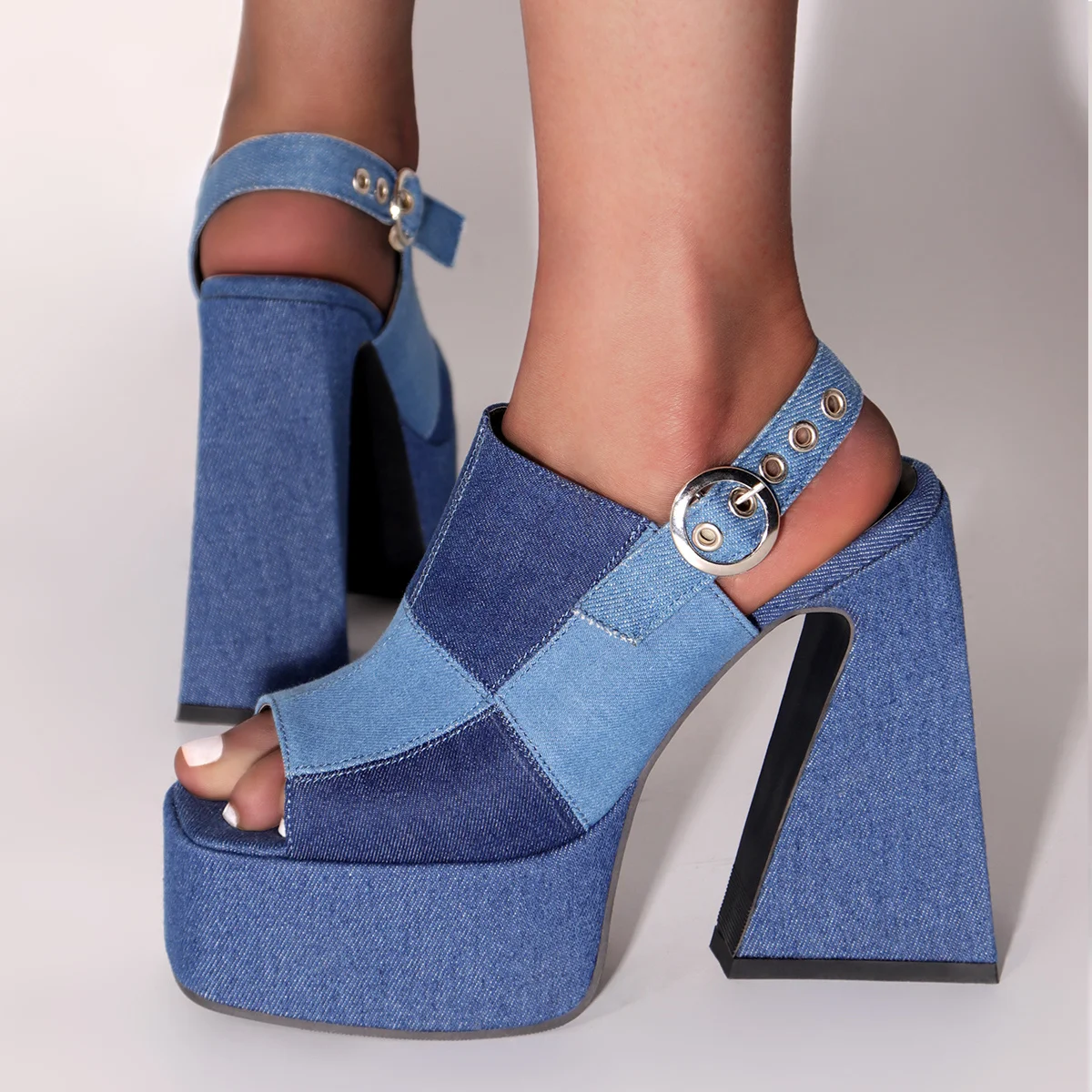 

Sexy Denim Shoes Women Sandal Fashion High Heels Platform Peep Toe Sandal Summer 2023 Square Big Size Dress Party Shoes