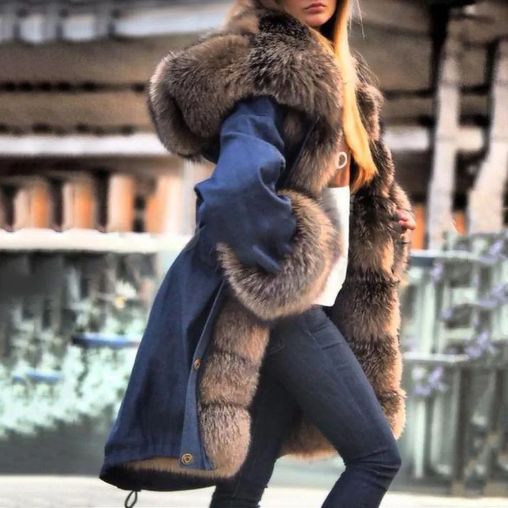 New Winter Long Coat for Women Big Fur Collar Solid Long Temperament Thickened Coat Hooded Single Breasted Fur Coat Women