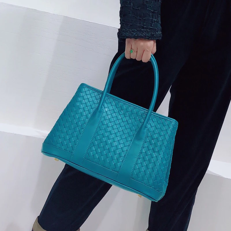 

Donna-in New Trendy Casual Tote Peacock Blue Natural Weave Lambskin Garden Women Bags Fashion OOTD Daily Office Lady Handbags