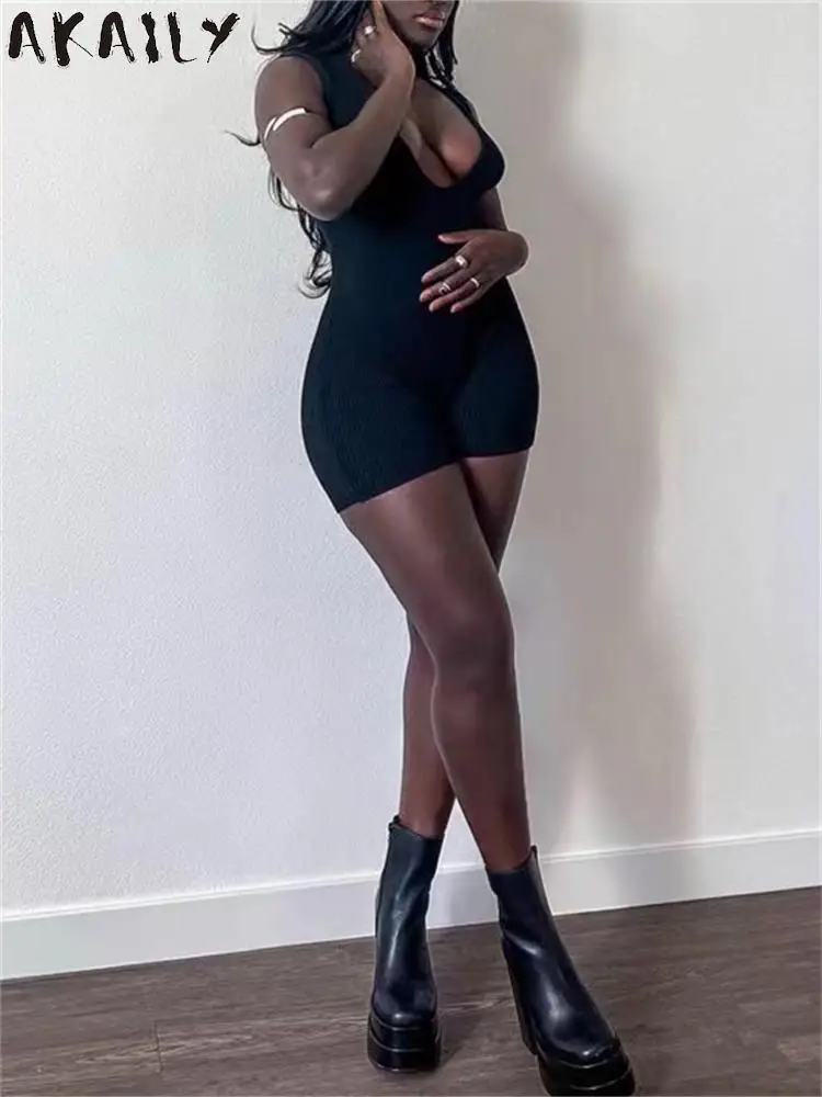 

Осенний черный Ребристый комбинезон Akaily, короткий женский модный Цельный Наряд 2022, розовый, с V-образным вырезом