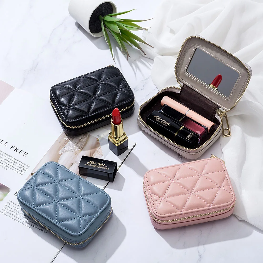 

Women Genuine Leather Lipstick Bag Makeup Case Cowhide Mini Purse Organizer Mirror Cosmetic Earphone Bag Coin Wallet For Female